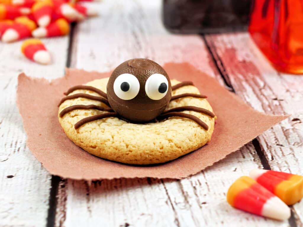 Single Halloween spider cookie on a rustic white wood background with candy corn