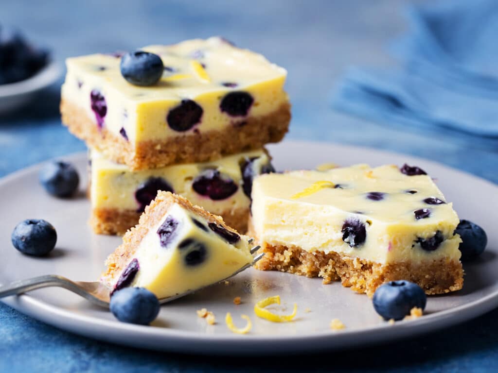 Blueberry bars, cake, cheesecake on a grey plate on blue stone background.