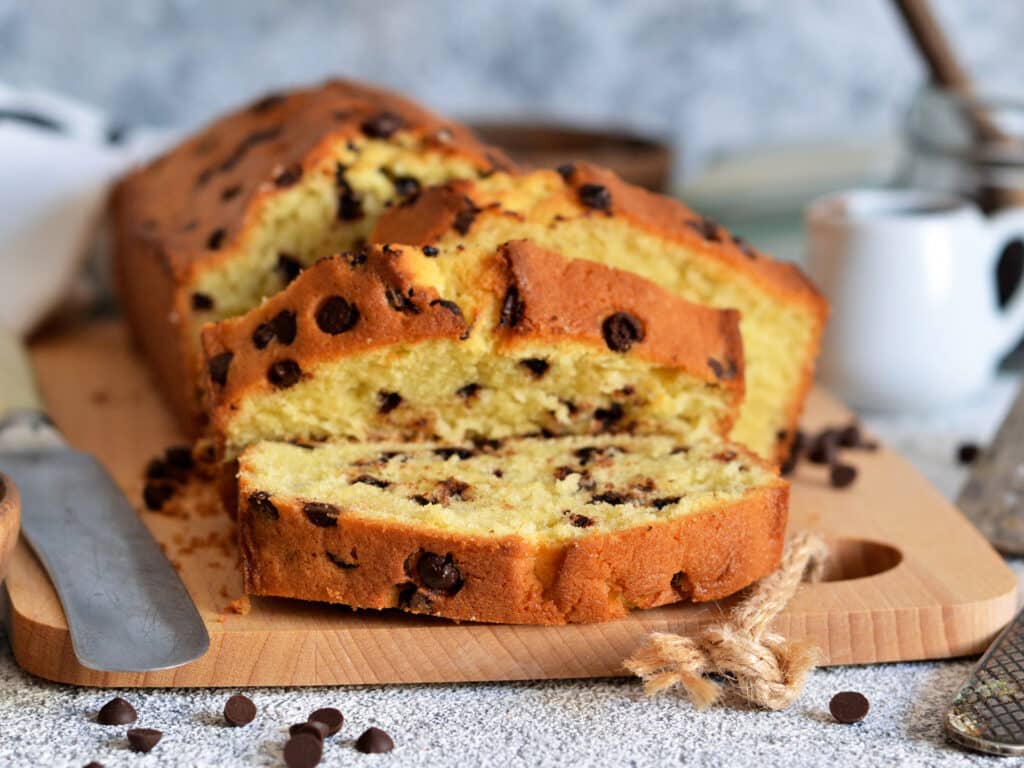 Banana bread with chocolate chips on the kitchen table.